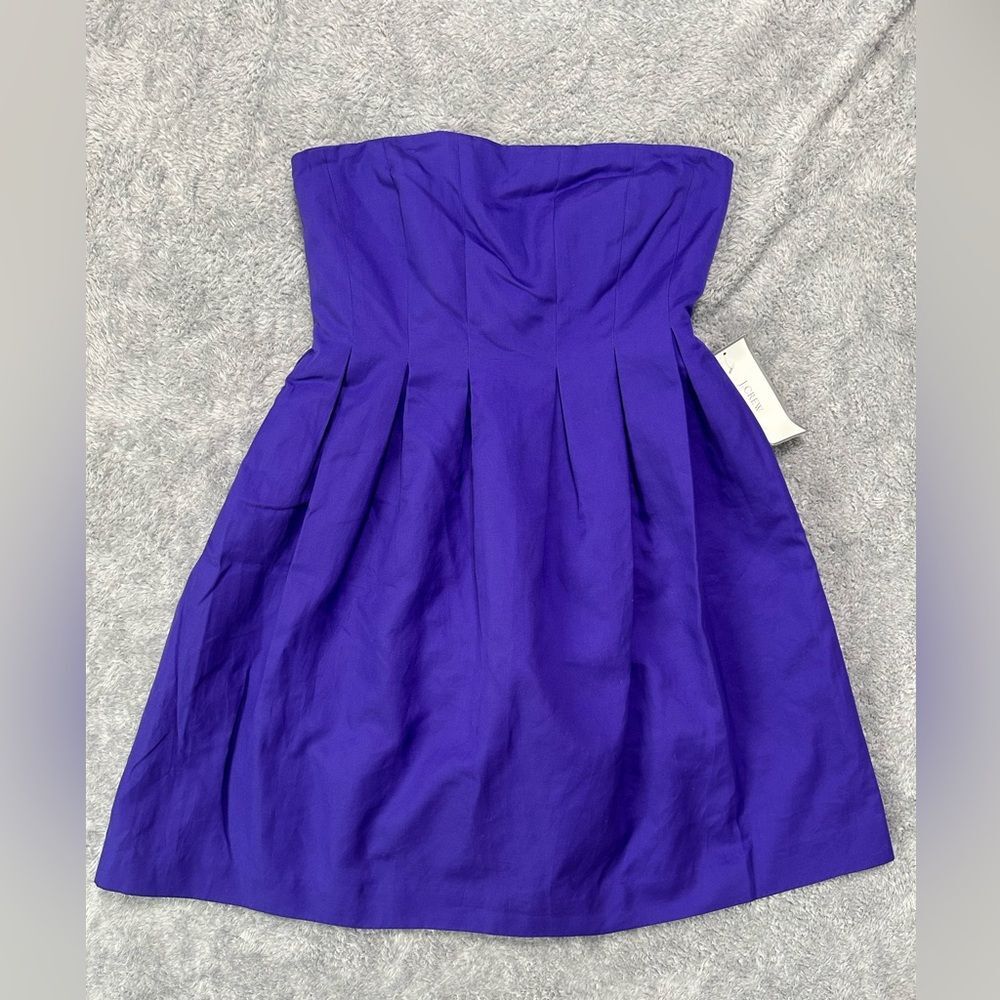 J Crew Cotton Cady Strapless Claudine Dress in Purple Box Pleats Strapless Sz 10